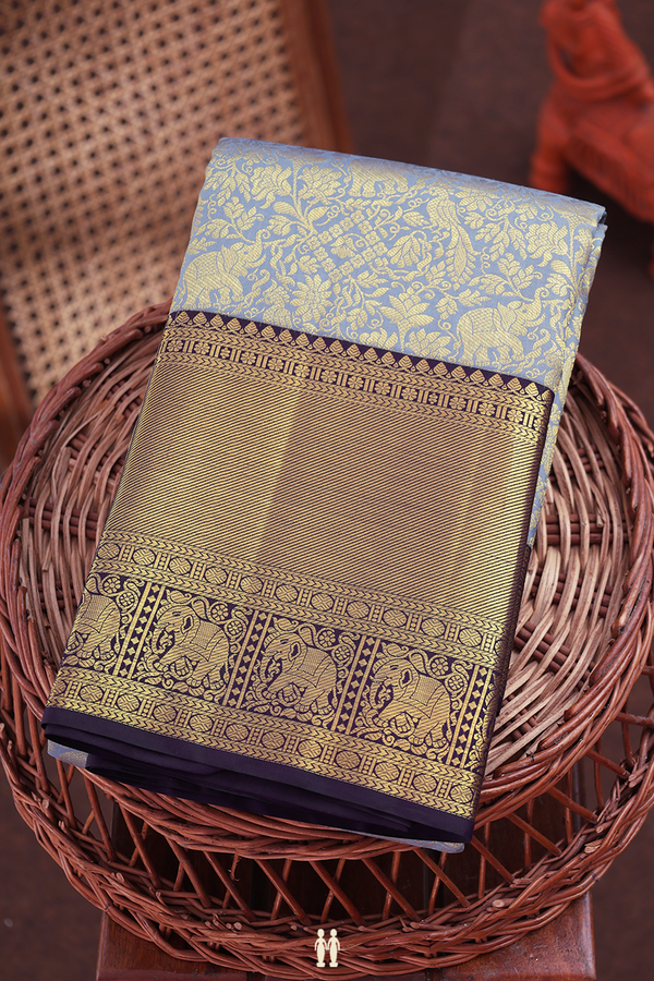 Kanchipuram Silk Saree In Bluish Grey With Vanasingaram Design