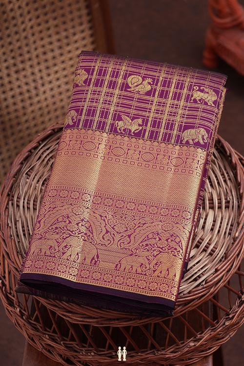 Kanchipuram Silk Saree Dark Burgundy Along Checks With Buttas