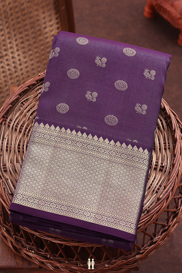Kanchipuram Silk Saree In Grape Purple With Peacock Buttas