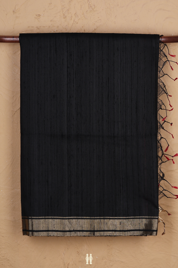 Raw Silk Saree In Plain Black With Zari Border