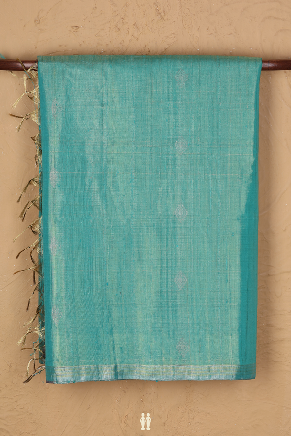 Tissue Raw Silk Saree In Bluish Green With Diamond Buttas