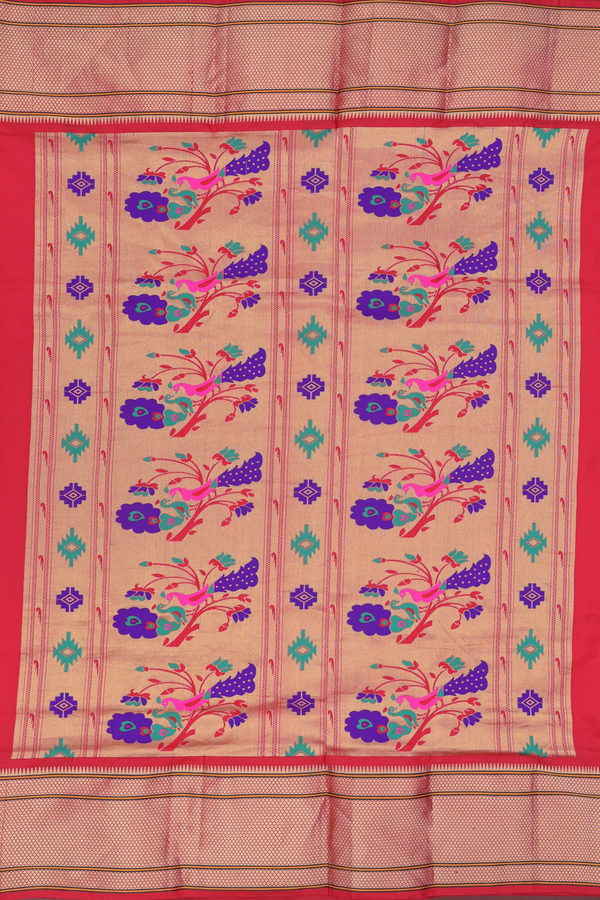 Paithani Silk Saree In Scarlet Red With Zari Buttas