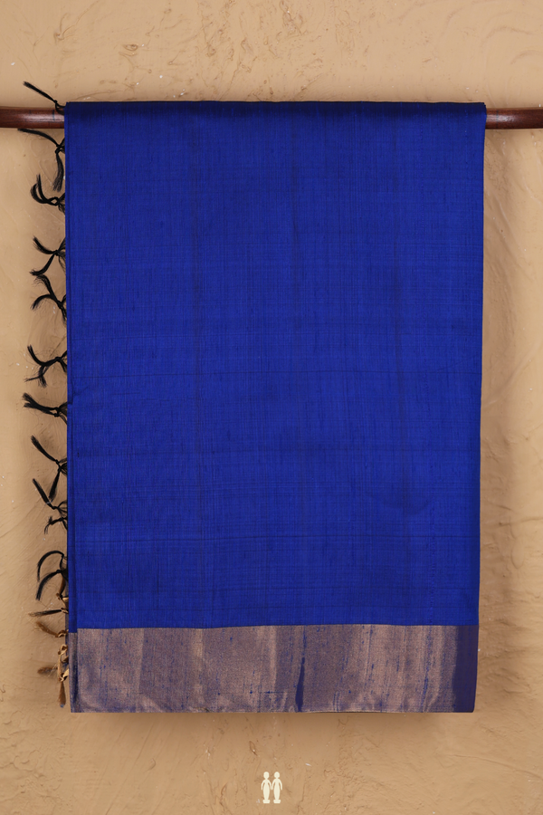 Raw Silk Saree In Plain Royal Blue With Bavanchi Border