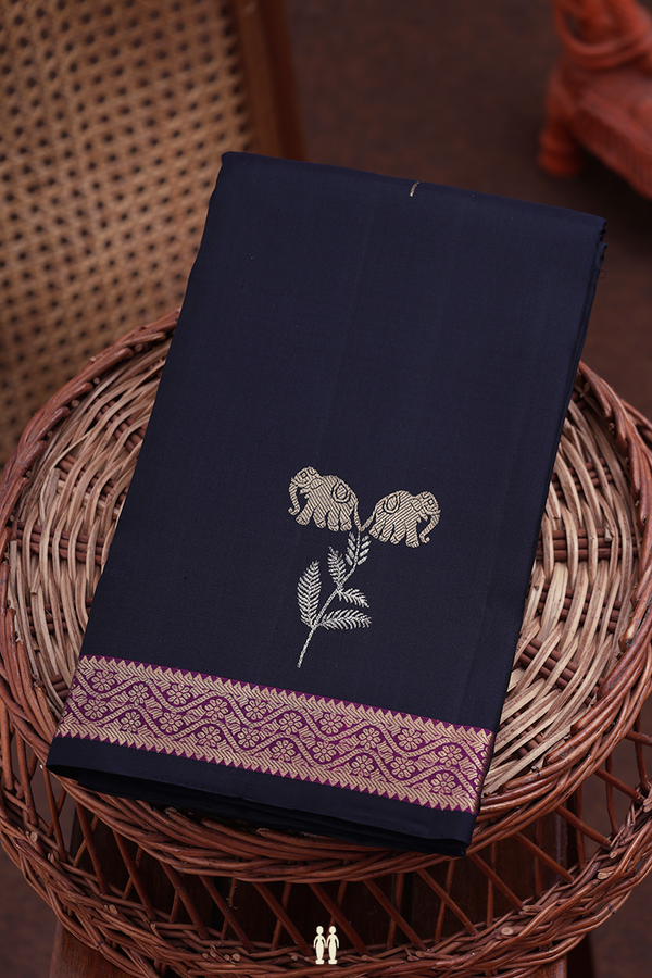 Kanchipuram Silk Saree In Black With Elephant Buttas