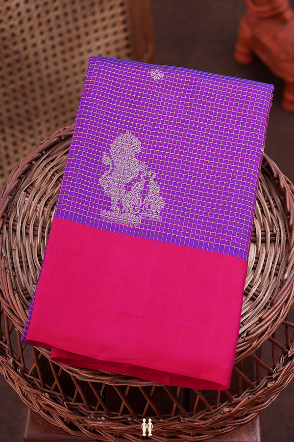 Kanchipuram Silk Saree In Purple Along Checks With Buttas
