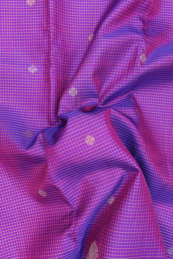 Kanchipuram Silk Saree In Purple Along Checks With Buttas