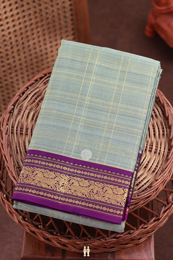 Kanchipuram Silk Saree In Greyish Green With Checks Design