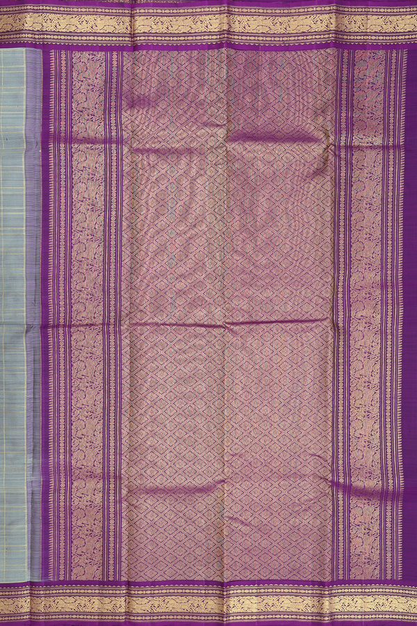 Kanchipuram Silk Saree In Greyish Green With Checks Design