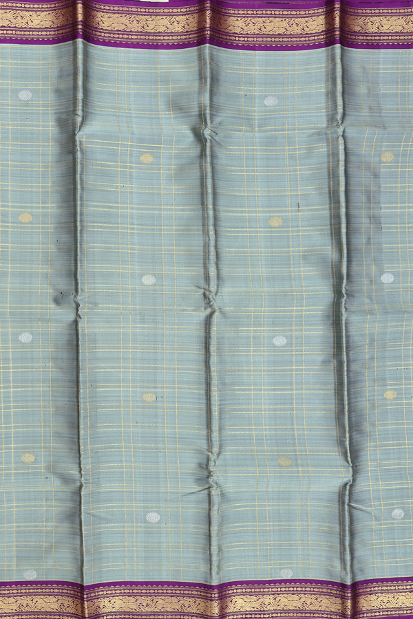 Kanchipuram Silk Saree In Greyish Green With Checks Design