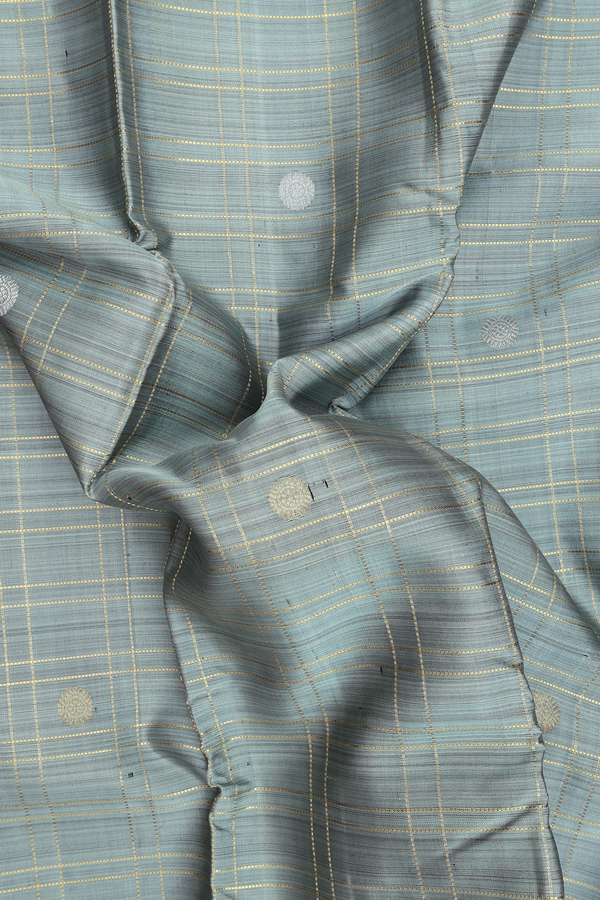Kanchipuram Silk Saree In Greyish Green With Checks Design
