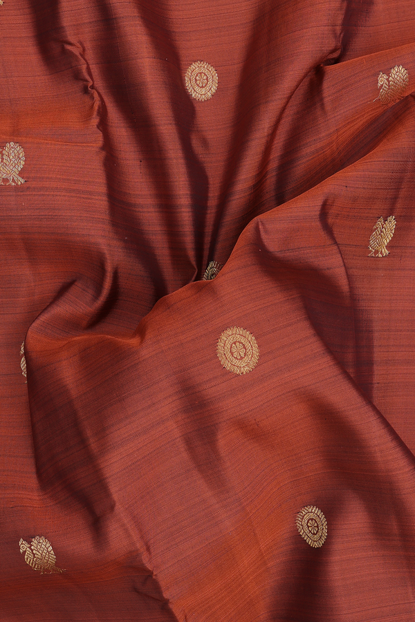 Kanchipuram Silk Saree In Rust Orange With Chakram Buttas