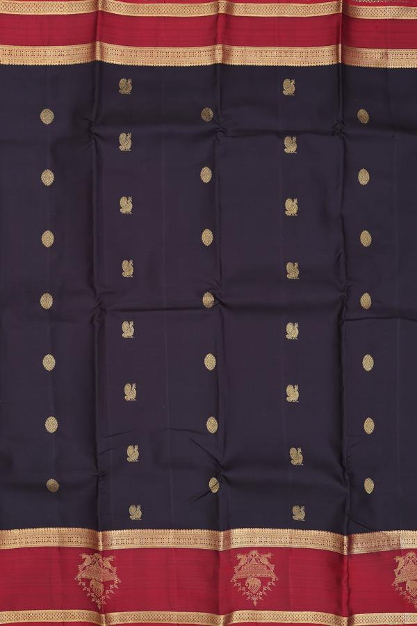 Kanchipuram Silk Saree In Black With Peacock Buttas