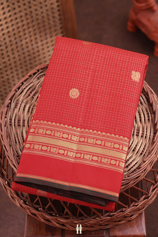 Kanchipuram Silk Saree Chilli Red Along Stripes With Buttas