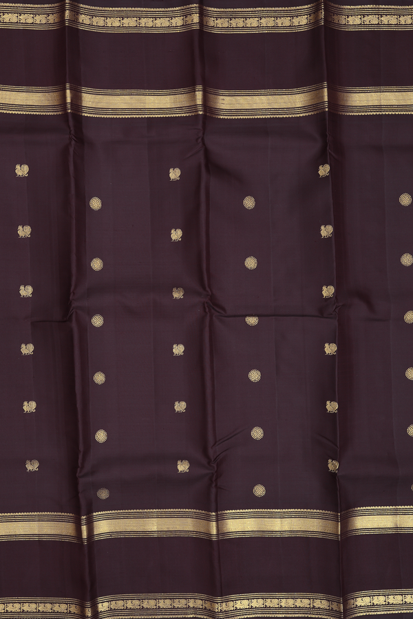 Kanchipuram Silk Saree In Coffee Brown With Peacock Buttas