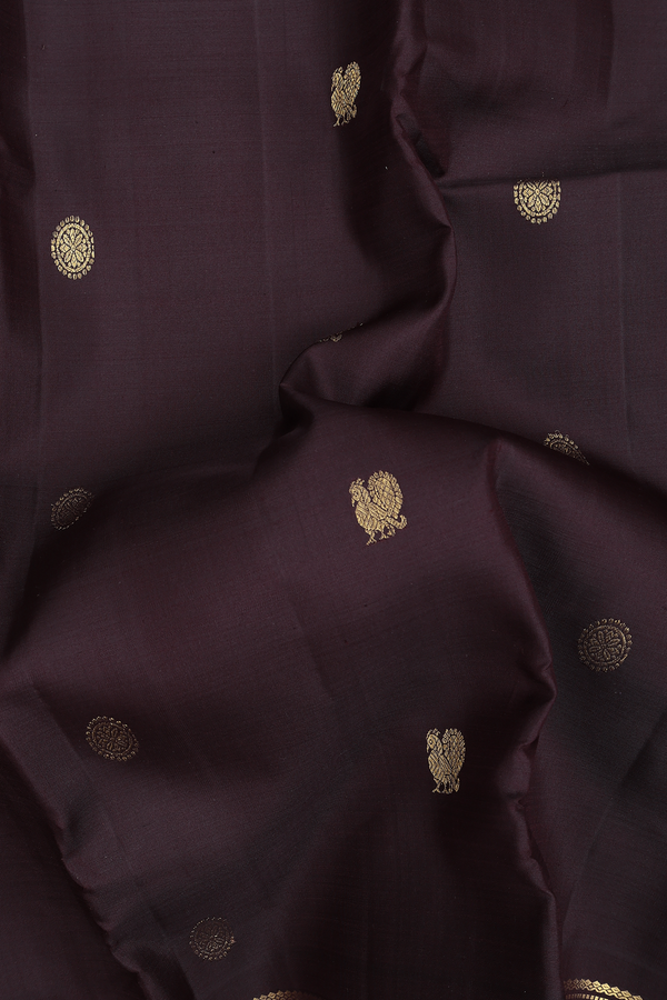 Kanchipuram Silk Saree In Coffee Brown With Peacock Buttas