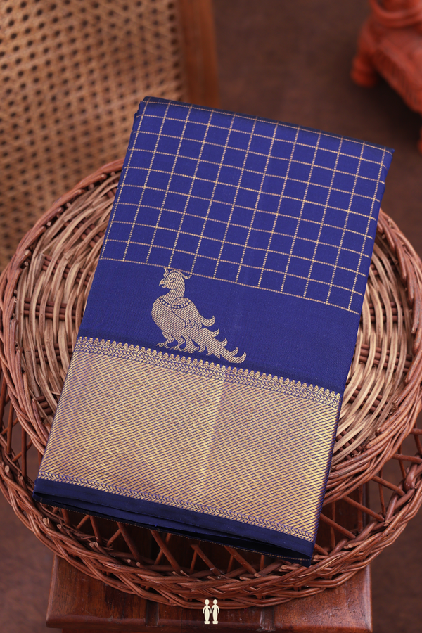 Kanchipuram Silk Saree In Navy Blue With Checks Design