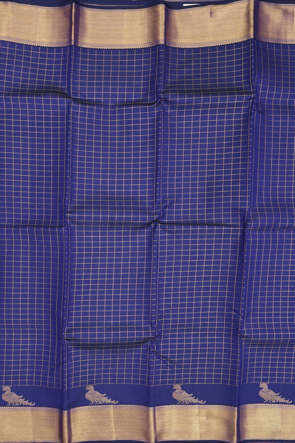 Kanchipuram Silk Saree In Navy Blue With Checks Design