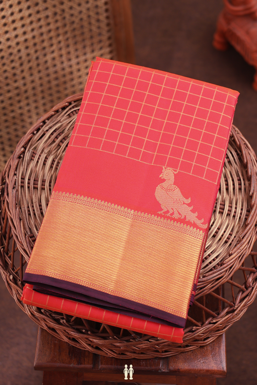 Kanchipuram Silk Saree In Coral Red With Checks Design