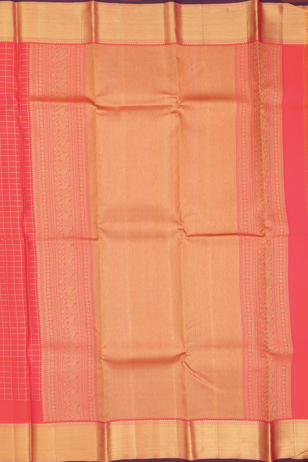 Kanchipuram Silk Saree In Coral Red With Checks Design
