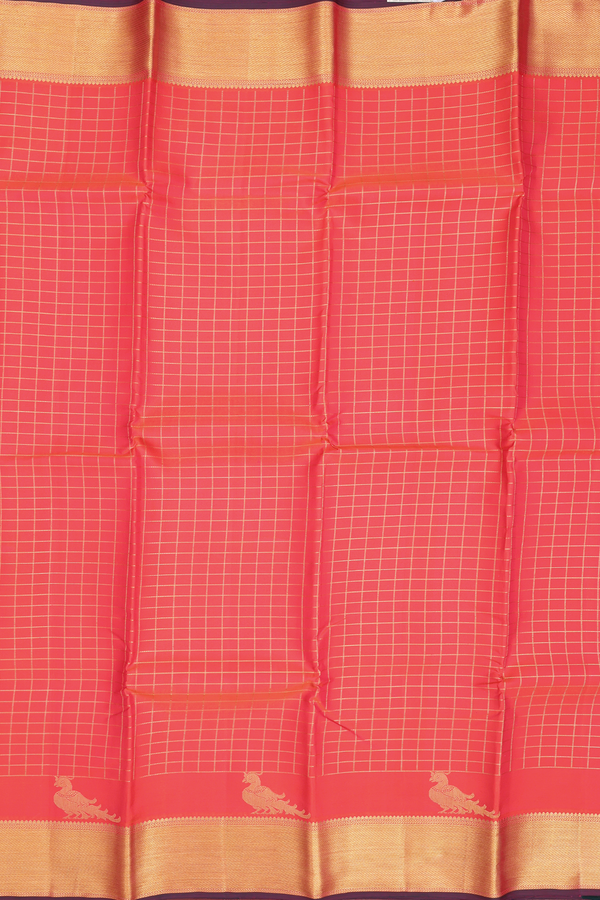 Kanchipuram Silk Saree In Coral Red With Checks Design
