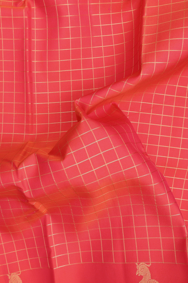 Kanchipuram Silk Saree In Coral Red With Checks Design