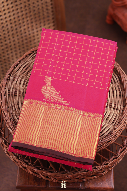 Kanchipuram Silk Saree In Rani Pink With Checks Design