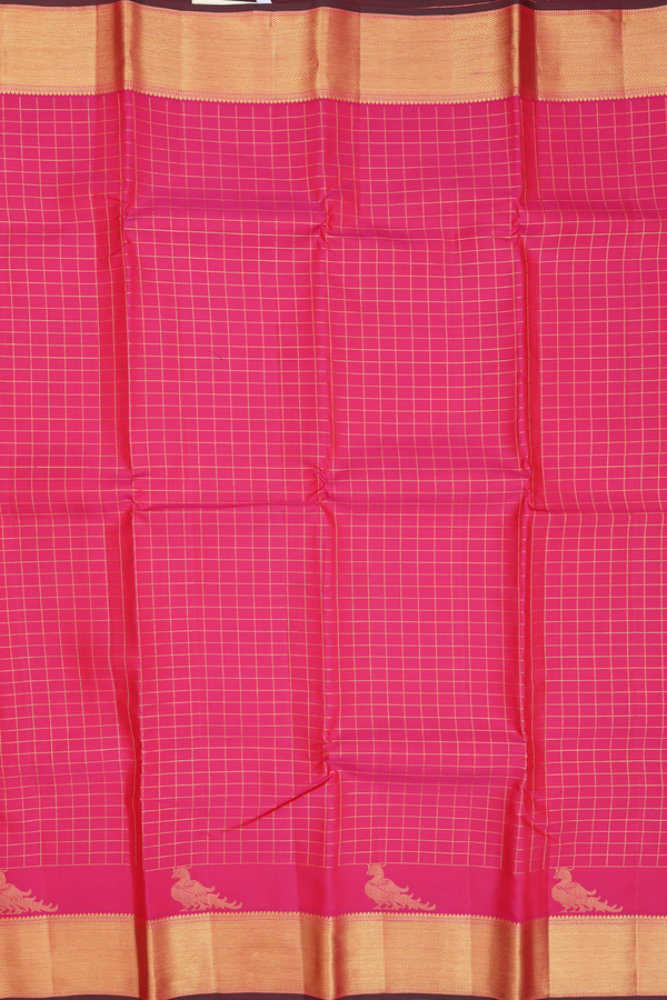Kanchipuram Silk Saree In Rani Pink With Checks Design