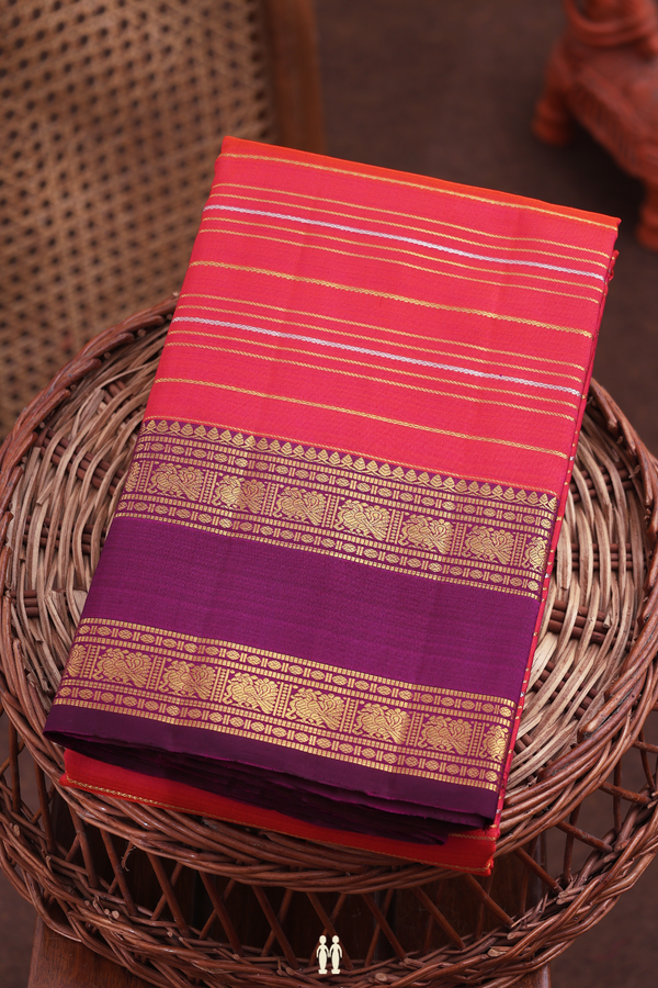 Kanchipuram Silk Saree In Coral Pink With Stripes Design