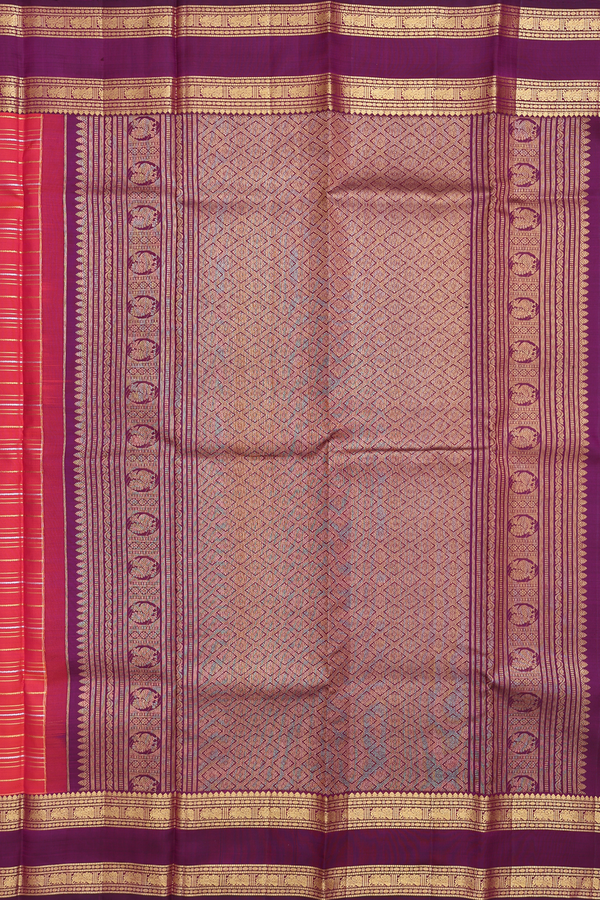 Kanchipuram Silk Saree In Coral Pink With Stripes Design