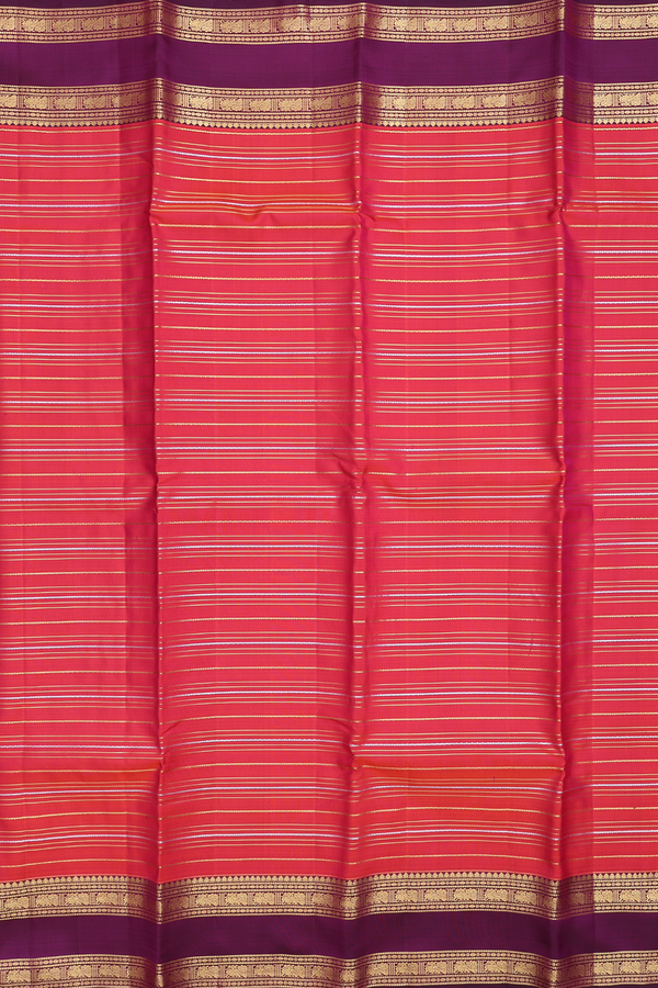 Kanchipuram Silk Saree In Coral Pink With Stripes Design