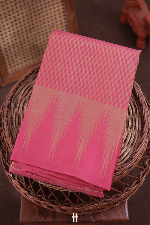 Kanchipuram Silk Saree In Punch Pink With Checks Design
