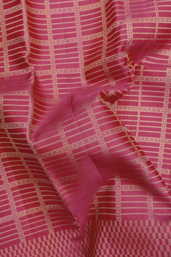 Kanchipuram Silk Saree In Punch Pink With Checks Design