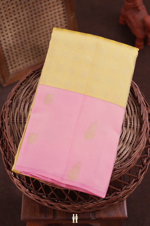 Kanchipuram Silk Saree In Yellow With Checks Design