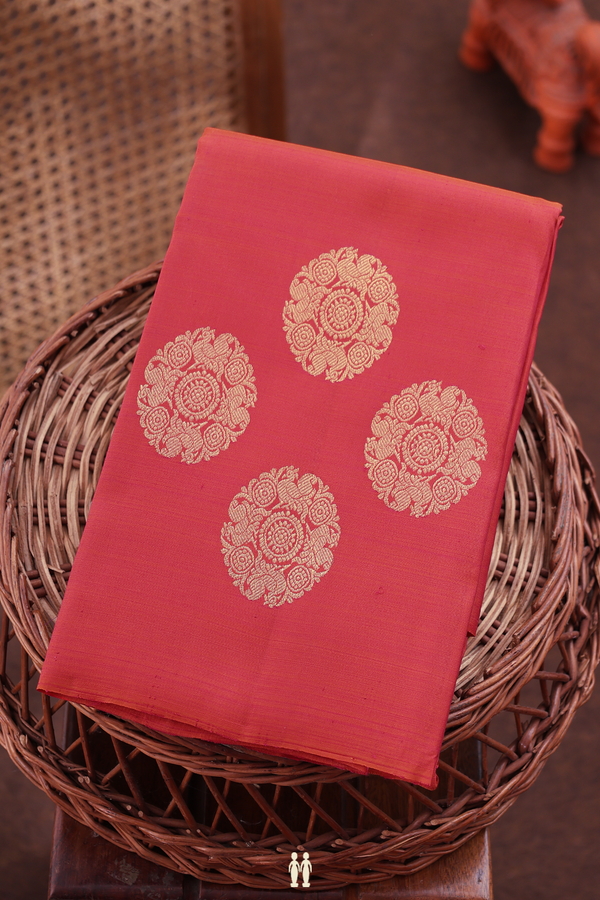 Kanchipuram Silk Saree In Coral Pink With Chakram Buttas