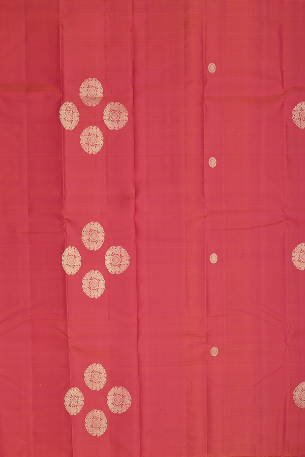 Kanchipuram Silk Saree In Coral Pink With Chakram Buttas