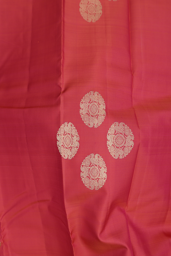 Kanchipuram Silk Saree In Coral Pink With Chakram Buttas