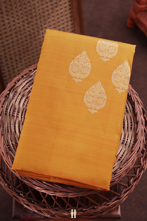 Kanchipuram Silk Saree In Mustard Yellow With Zari Buttas