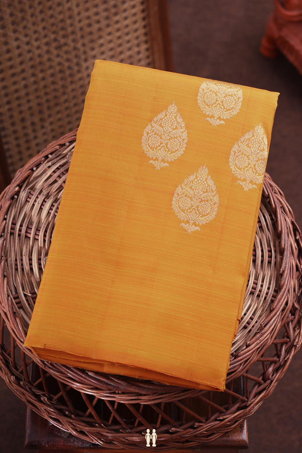 Kanchipuram Silk Saree In Mustard Yellow With Zari Buttas
