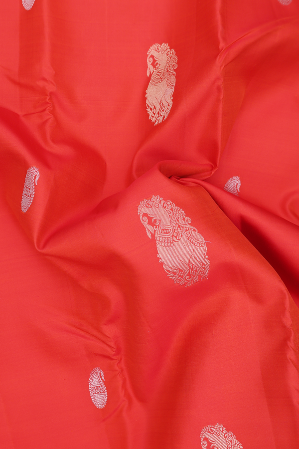 Kanchipuram Silk Saree In Bright Orange With Yali Motifs