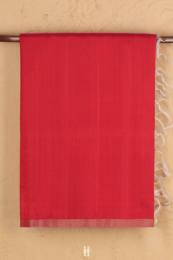 Raw Silk Saree In Plain Red With Zari Border
