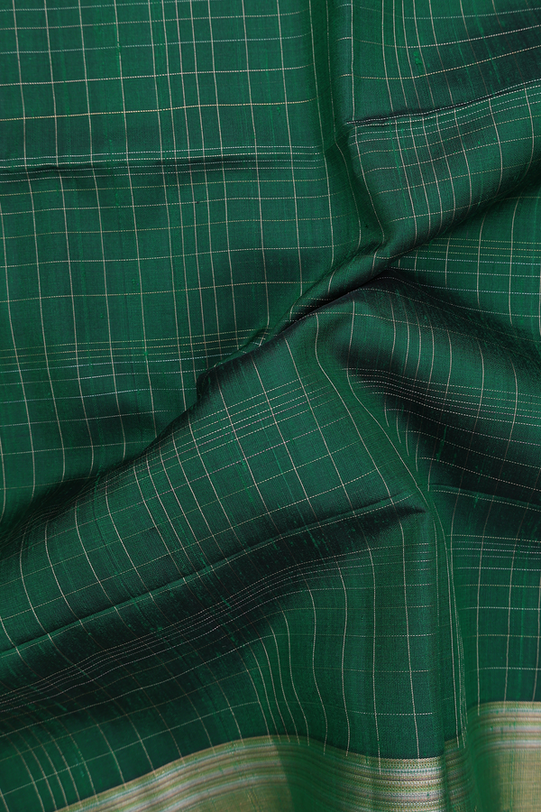 Raw Silk Saree In Emerald Green With Checks Design