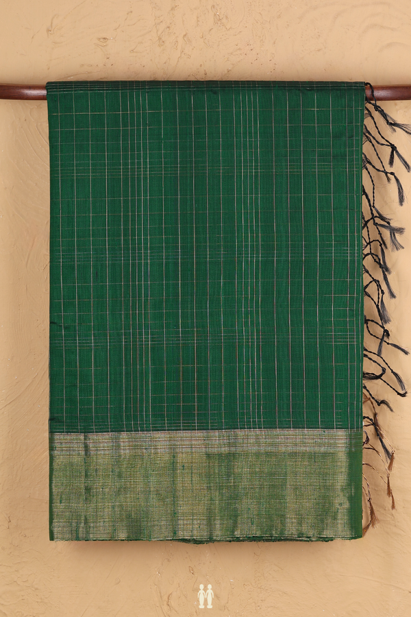 Raw Silk Saree In Emerald Green With Checks Design