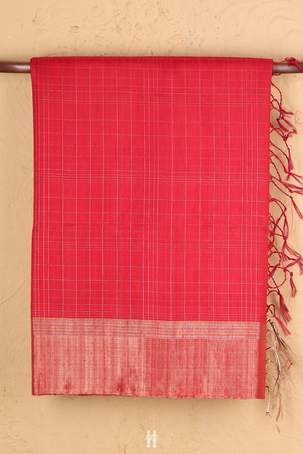 Raw Silk Saree In Chilli Red With Checks Design