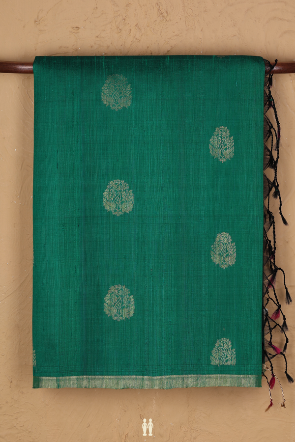 Raw Silk Saree In Emerald Green With Floral Motifs