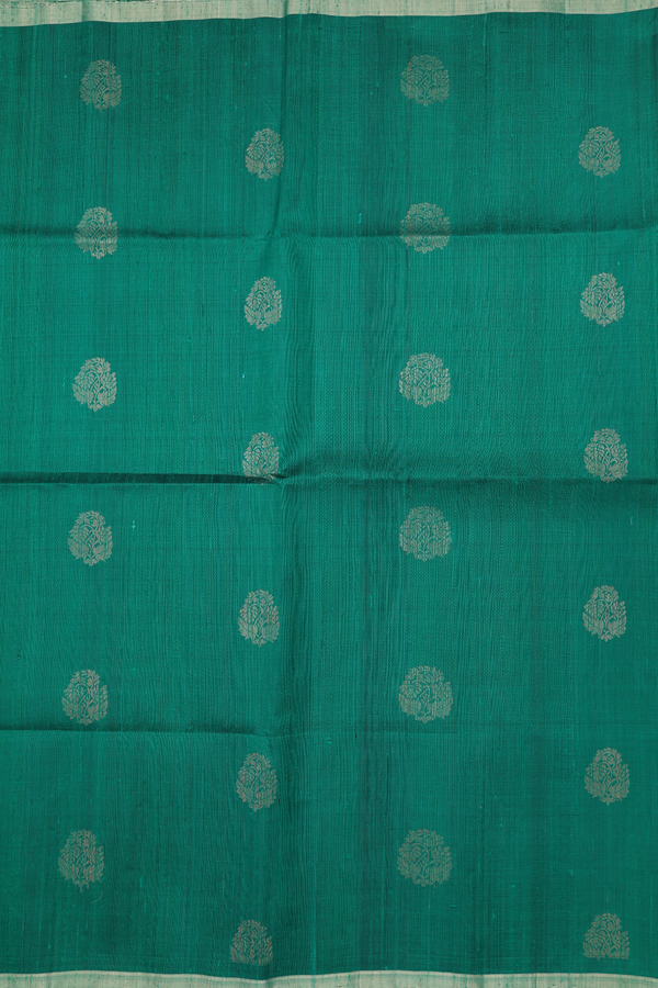 Raw Silk Saree In Emerald Green With Floral Motifs