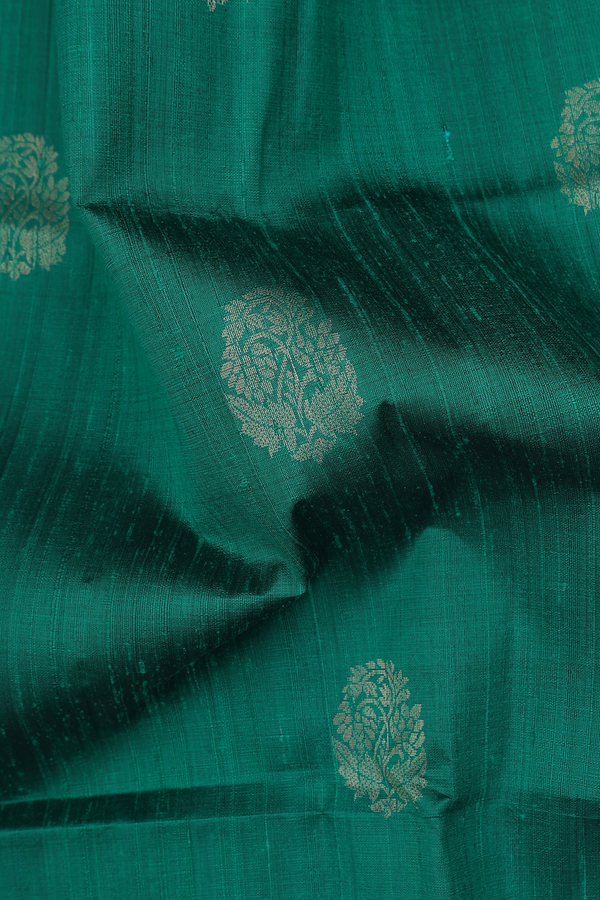 Raw Silk Saree In Emerald Green With Floral Motifs