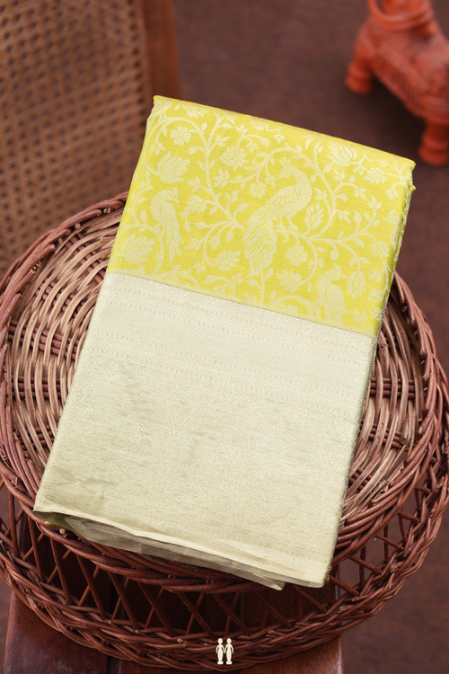 Kanchipuram Silk Saree In Olive Yellow With Floral Design