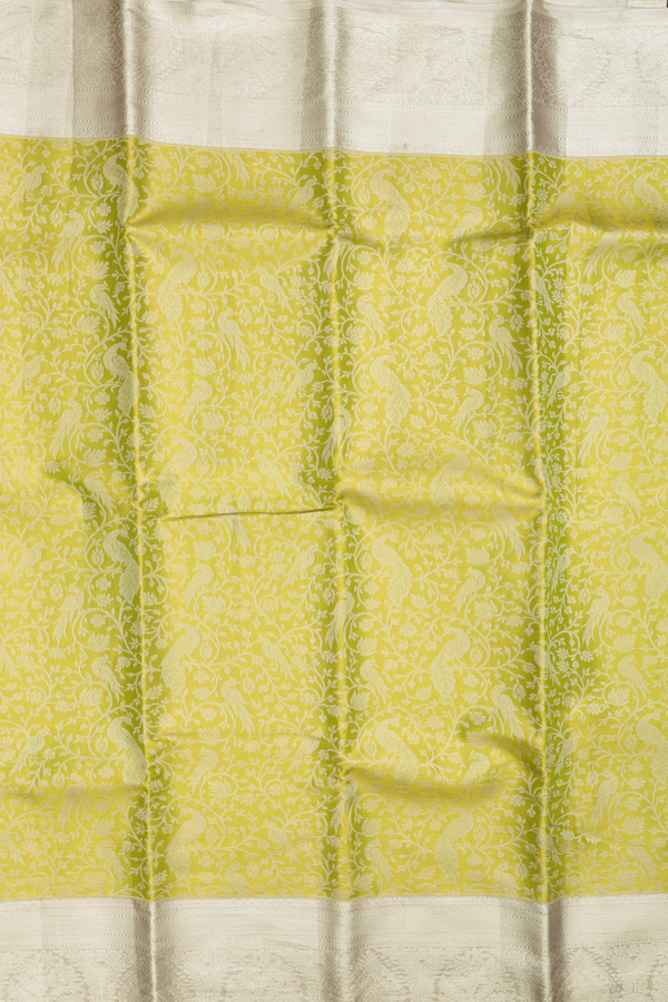 Kanchipuram Silk Saree In Olive Yellow With Floral Design