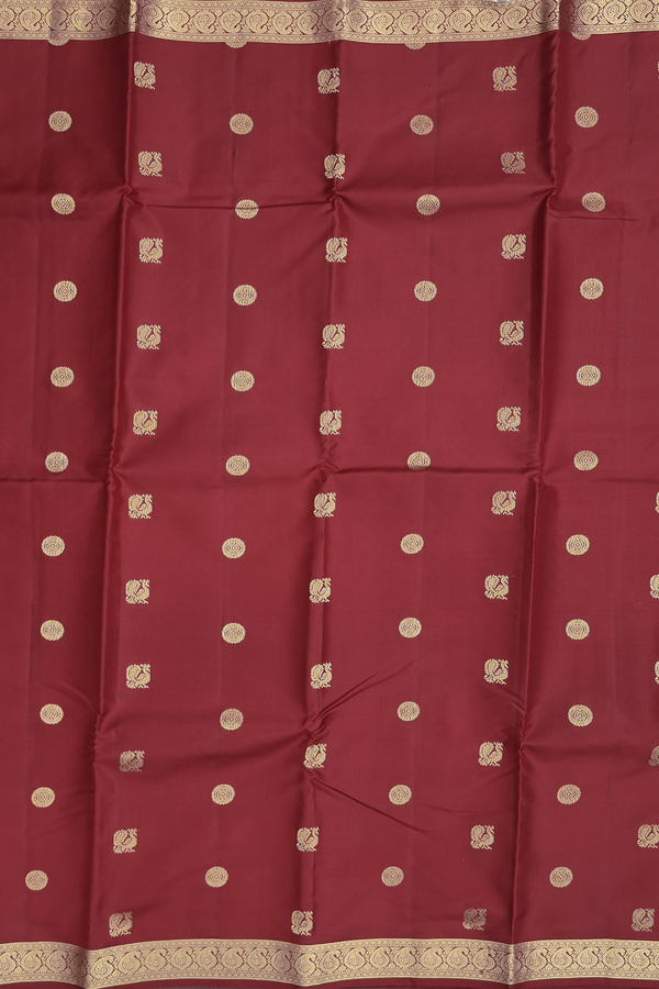 Kanchipuram Silk Saree Rust Red With Peacock Chakram Buttas