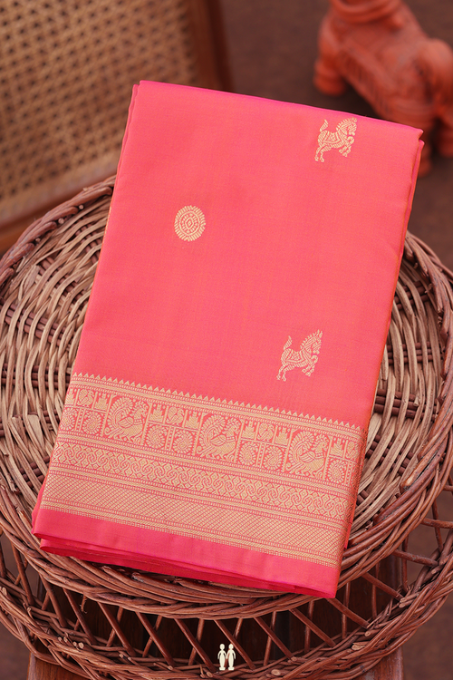 Kanchipuram Silk Saree In Coral Pink With Traditional Buttas